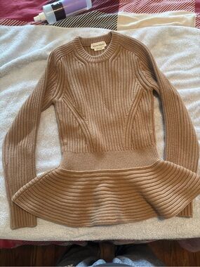 Sandro Camel Ribbed Peplum Sweater